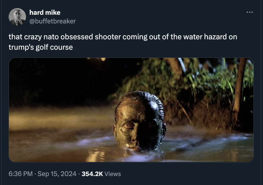 apocalypse now shot - hard mike that crazy nato obsessed shooter coming out of the water hazard on trump's golf course Views